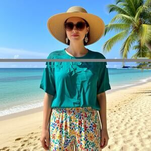 VTG 80s-90s 100% Silk Blouse Women 10 SolidGreen ShortSleeve Lightweight Causual